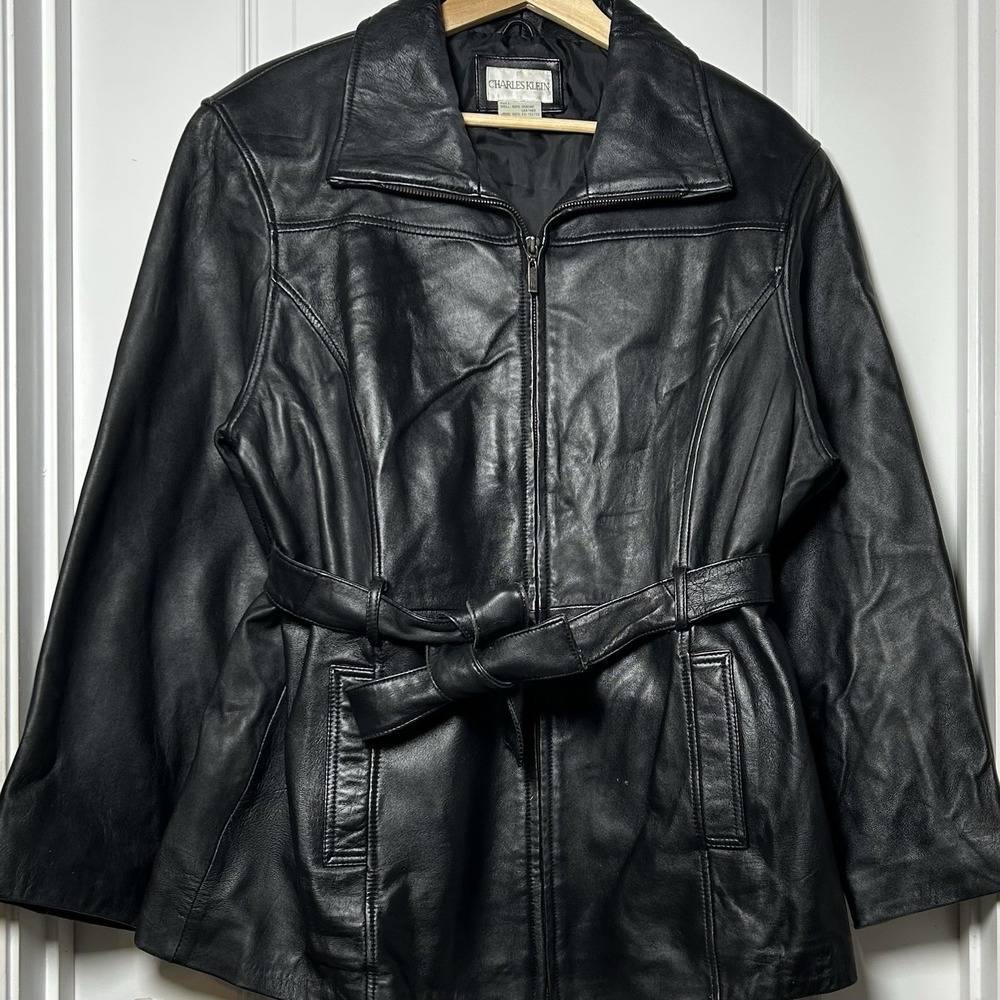 Charles Klein Vintage 90s Genuine Leather‎ Black Belted Zip Stand Collar Jacket